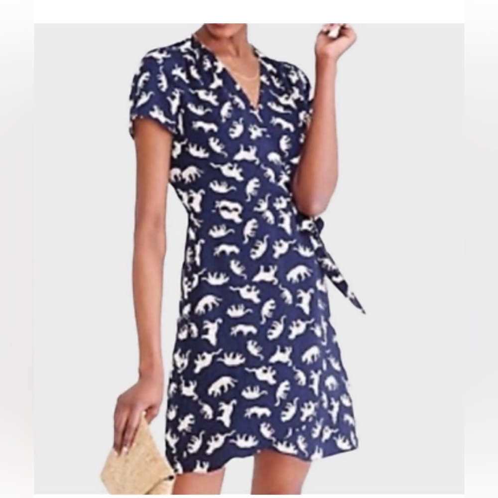 J Crew Factory Leopard cat print wrap dress Dark Navy size 8 style # L6954